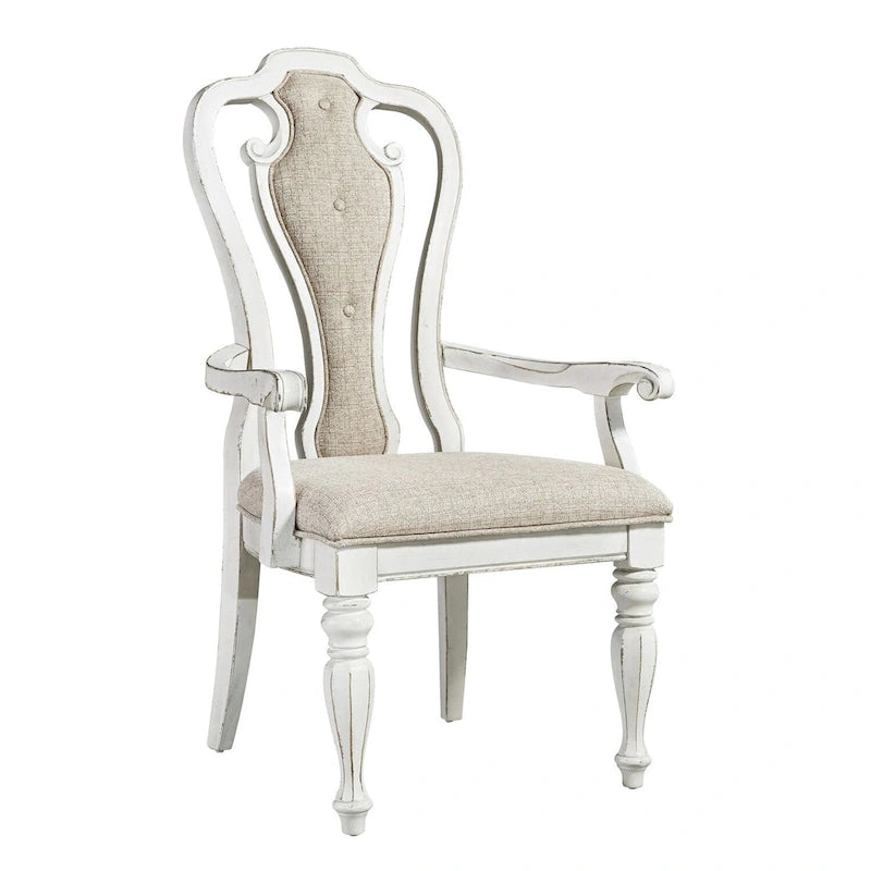 Chaises de salle à manger avec accoudoirs rembourrés à dossier ajouré Magnolia Manor, blanc antique, écorce vieillie (lot de 2)