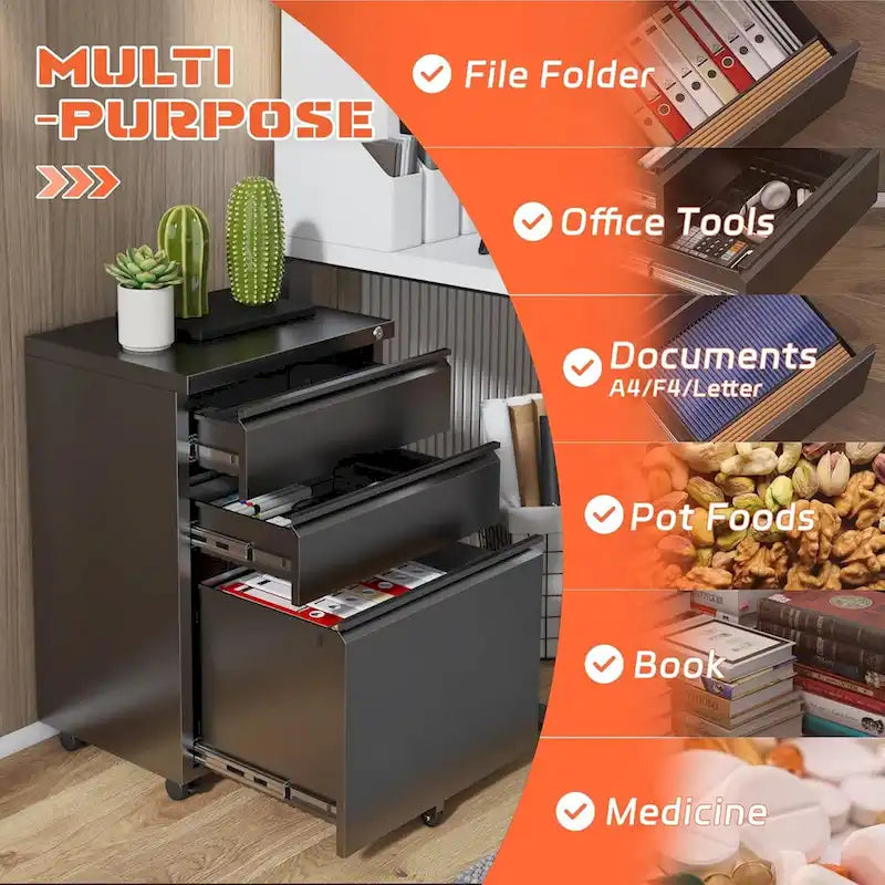 Meuble de classement mobile à 3 tiroirs, meuble de rangement verrouillable