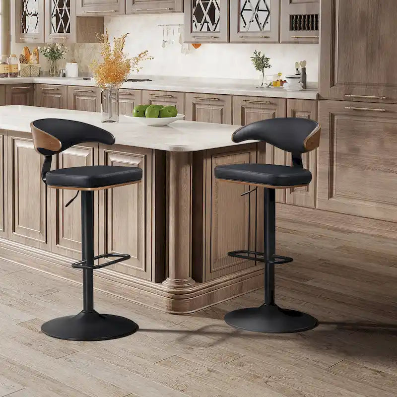 Tabouret de bar réglable pivotant en similicuir avec accents de bois