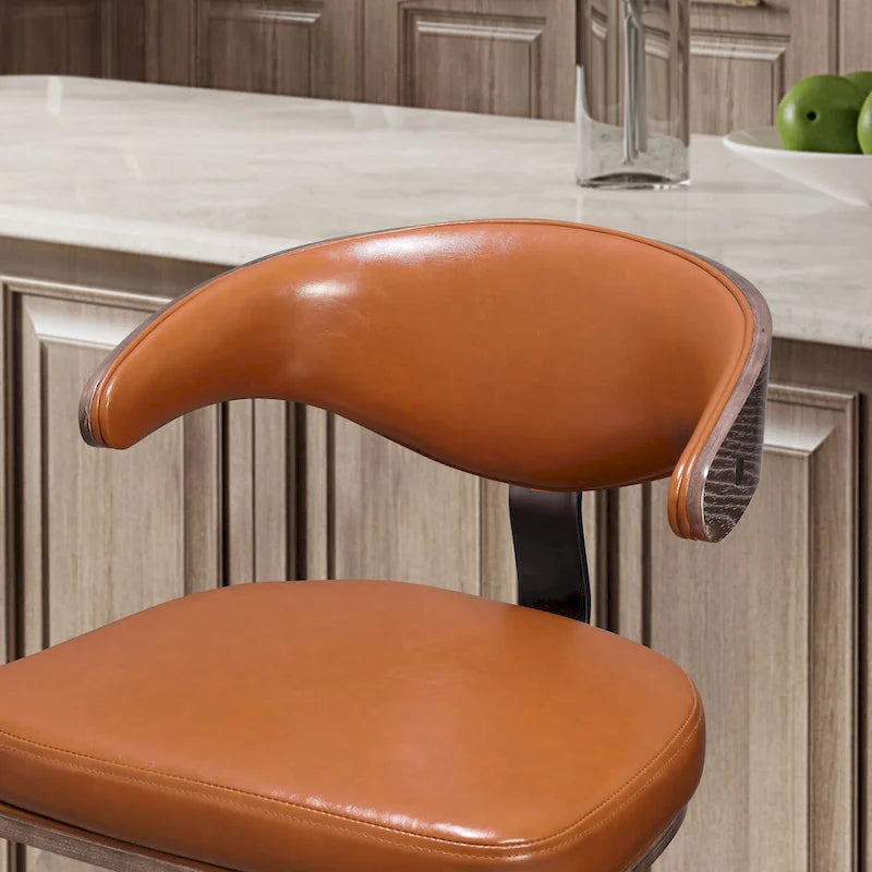 Tabouret de bar réglable pivotant en similicuir avec accents de bois