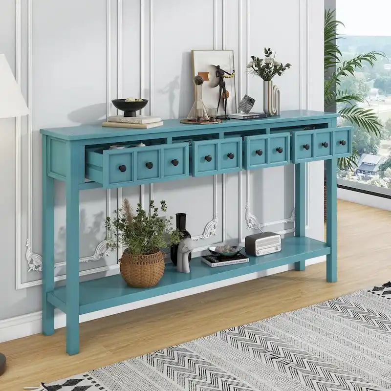 Console en pin rustique vert turquoise 60 po avec 4 tiroirs, étagère inférieure et finition vieillie pour entrée