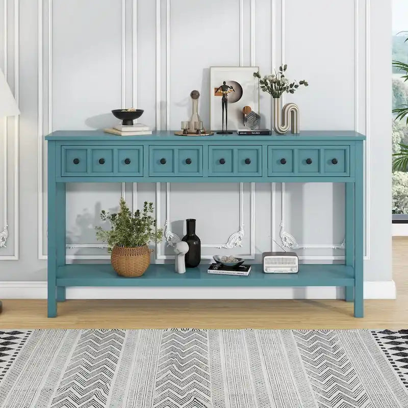 Console en pin rustique vert turquoise 60 po avec 4 tiroirs, étagère inférieure et finition vieillie pour entrée