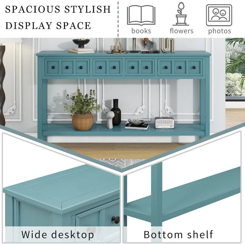 Console en pin rustique vert turquoise 60 po avec 4 tiroirs, étagère inférieure et finition vieillie pour entrée