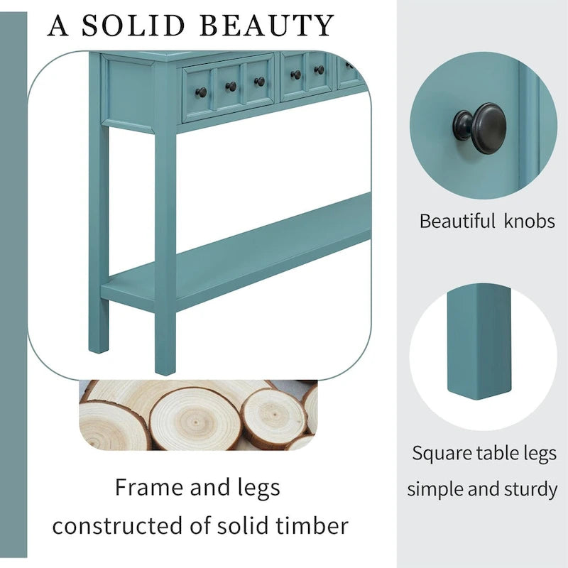 Console en pin rustique vert turquoise 60 po avec 4 tiroirs, étagère inférieure et finition vieillie pour entrée
