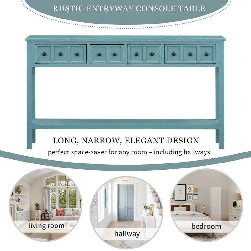 Console en pin rustique vert turquoise 60 po avec 4 tiroirs, étagère inférieure et finition vieillie pour entrée
