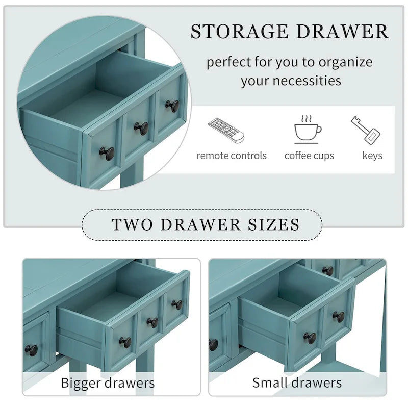 Console en pin rustique vert turquoise 60 po avec 4 tiroirs, étagère inférieure et finition vieillie pour entrée