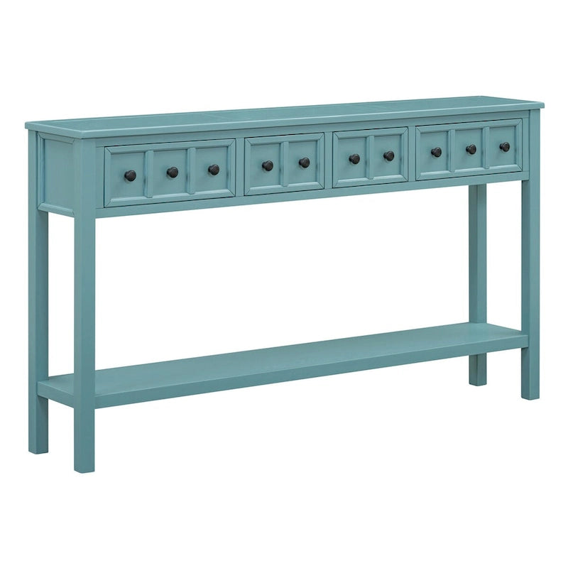 Console en pin rustique vert turquoise 60 po avec 4 tiroirs, étagère inférieure et finition vieillie pour entrée